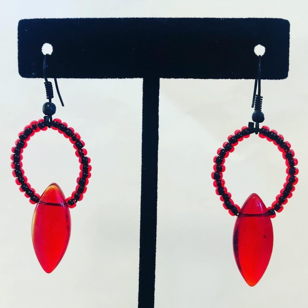 Handcrafted Red Glass Beaded Drop Earrings